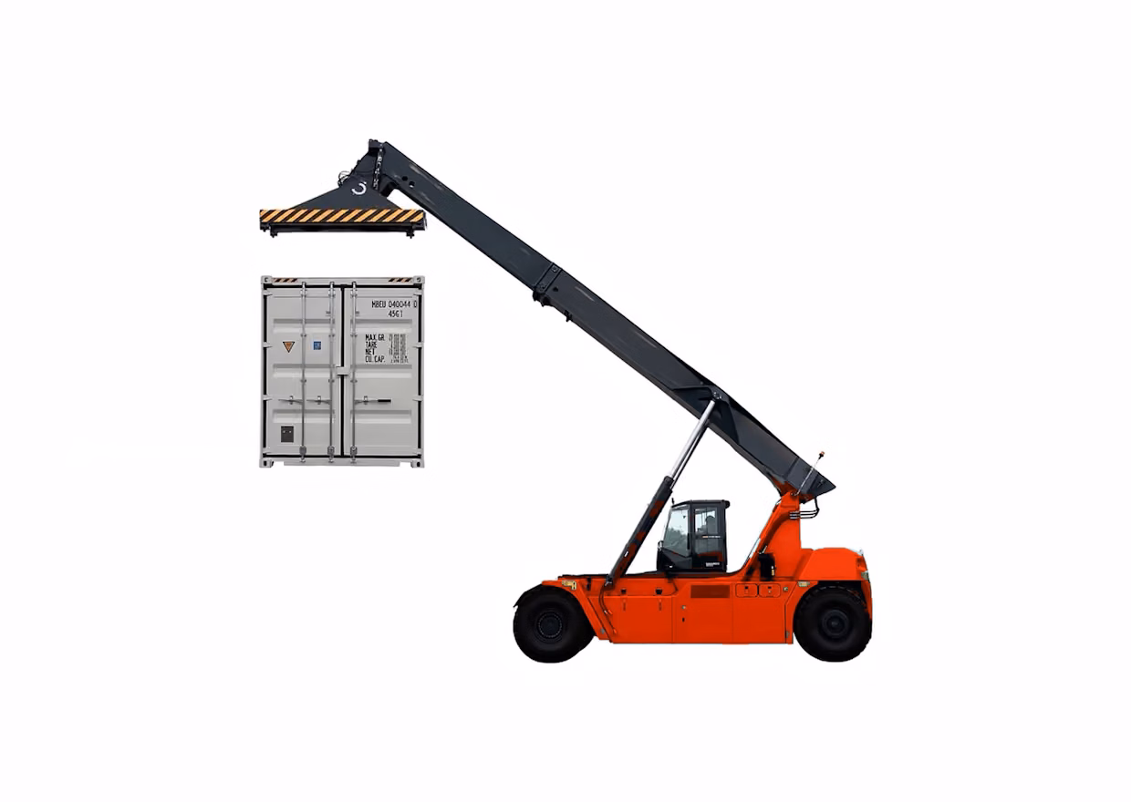 FTOS reach stacker lifting a dry container.