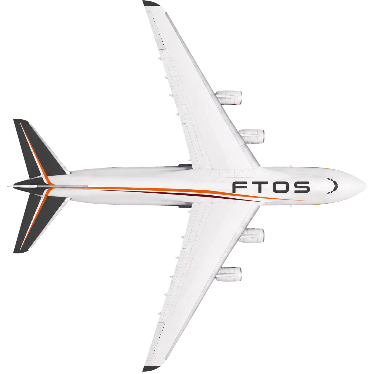 Top view of an FTOS logistics aircraft in graphite, maroon and orange livery.