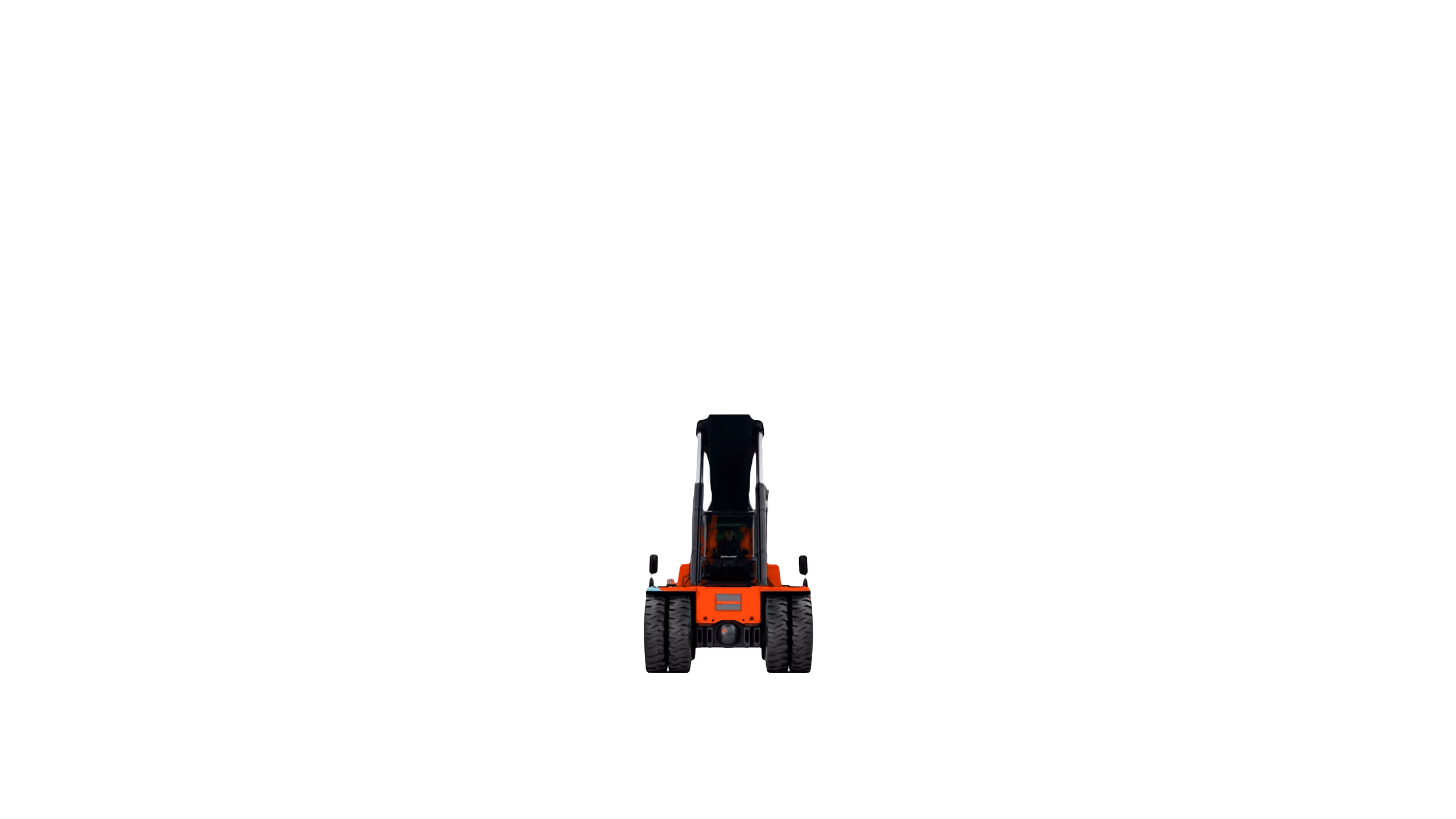Front view of an FTOS reach stacker in orange and graphite livery.