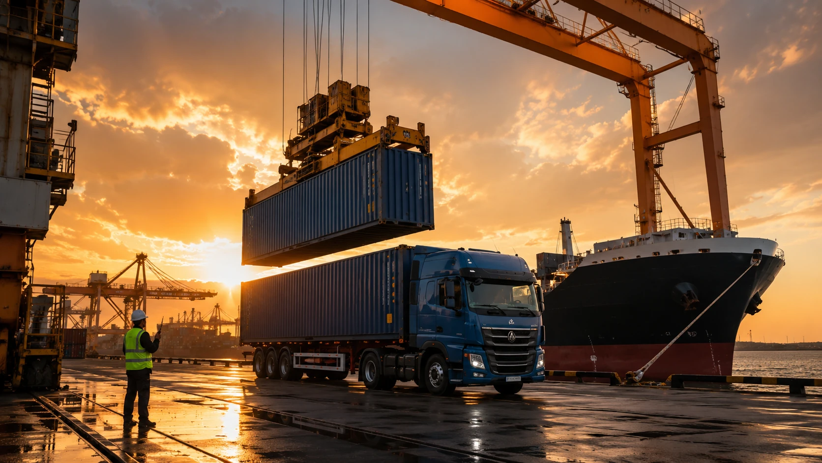 A container handover coordinated between road, crane and vessel operations.